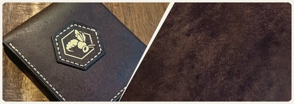 zoom sur cuir pleine fleur Pueblo de Badalassi carlo couleur tobacco et portefeuille