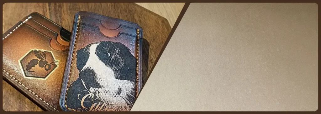 cuir pleine fleur brut tannage végétal et porte-carte finition gravure laser